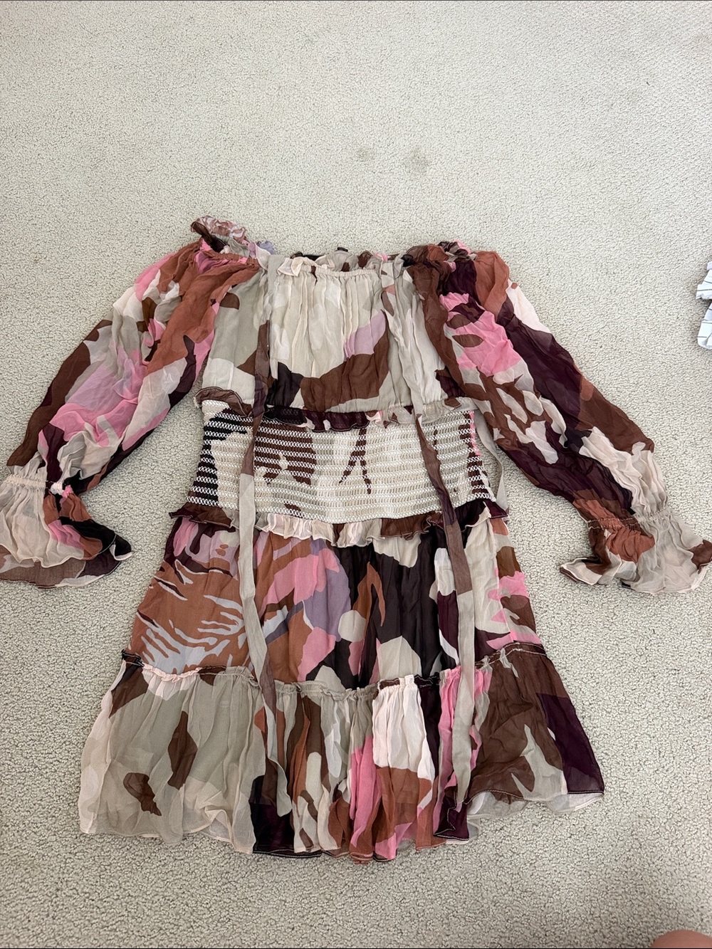 Rococo Sand Off-Shoulder Mini Dress in Pink, Brown and Cream